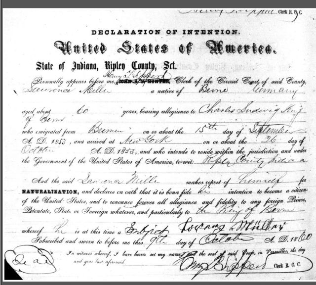 Lörenz Müller or Laurence Miller 1860 Declaration of Intent Ripley County, Indiana 